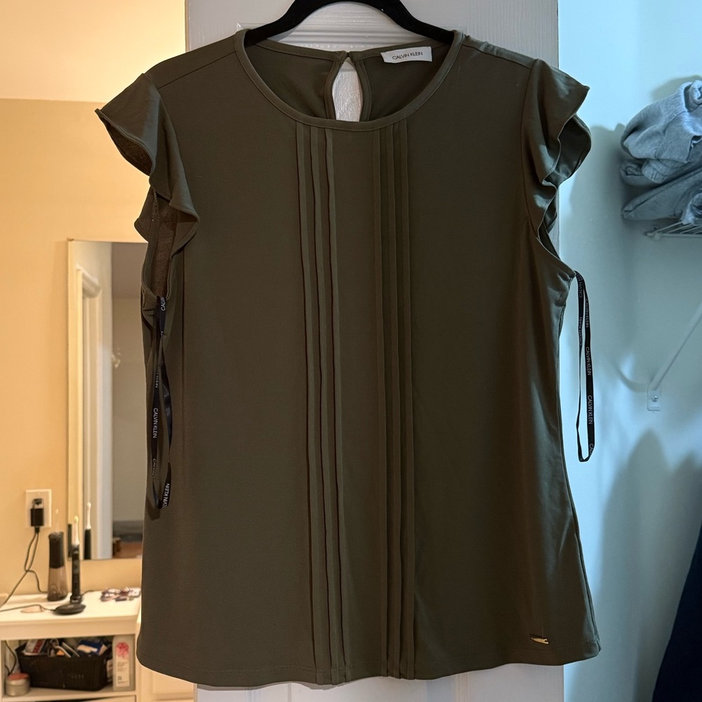Calvin Klein Olive Green Ruffle Sleeve Blouse